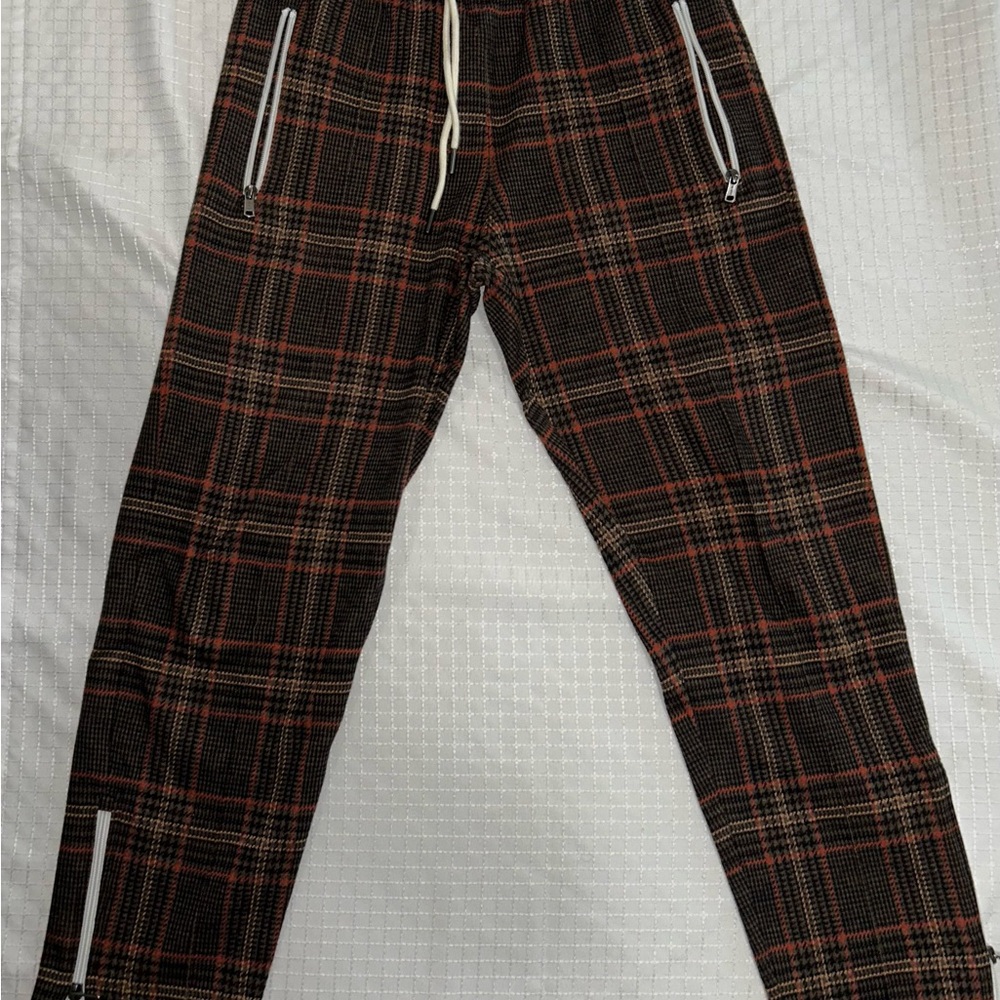 Plaid Men's Wool Track Pants - Brown and Red